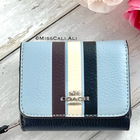 NWT COACH Small Trifold Wallet In Colorblock With Stripe Twilight Blue - Picture 4 of 15